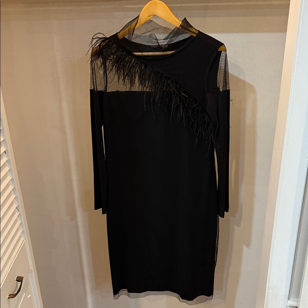 Chic Black Feather-Accent Long Sleeve Dress